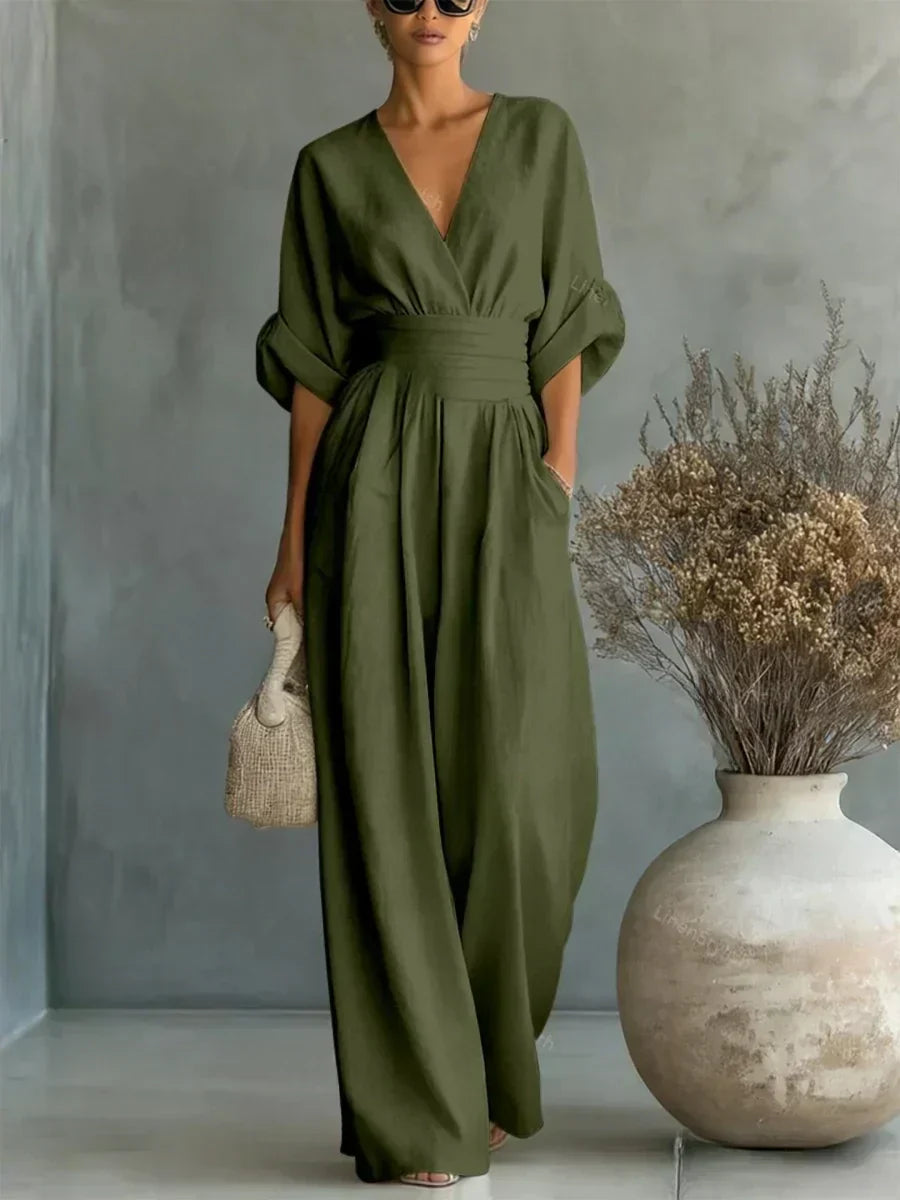 ESSENZIALE - Elegante Tuta Estiva a V con Vita Alta