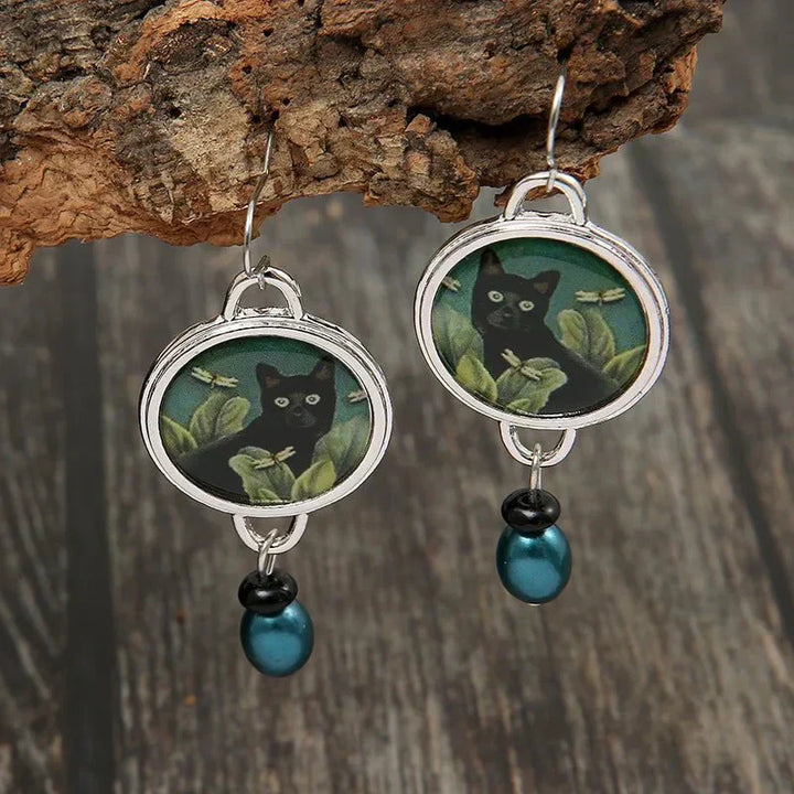 Orecchini D'Angolo Vintage Tropicali con Gatto Nero