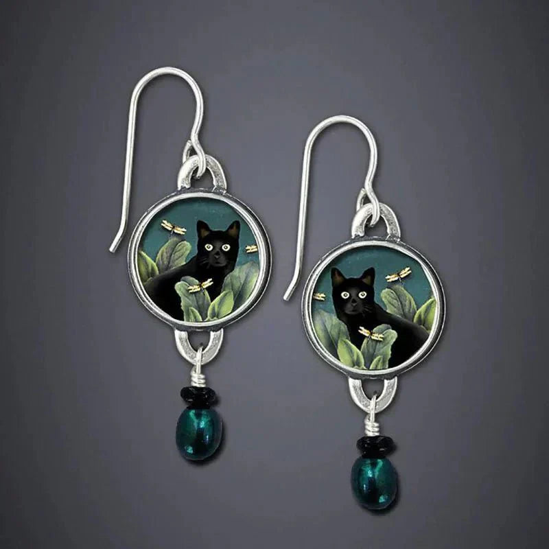Orecchini D'Angolo Vintage Tropicali con Gatto Nero